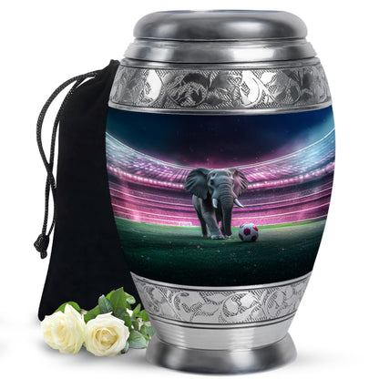 Onyx Black Elephant Cremation Urn back view with polished surface - majestic elephant pattern with filigree border - full-size 10 inch 200 cubic inch adult cremation urn