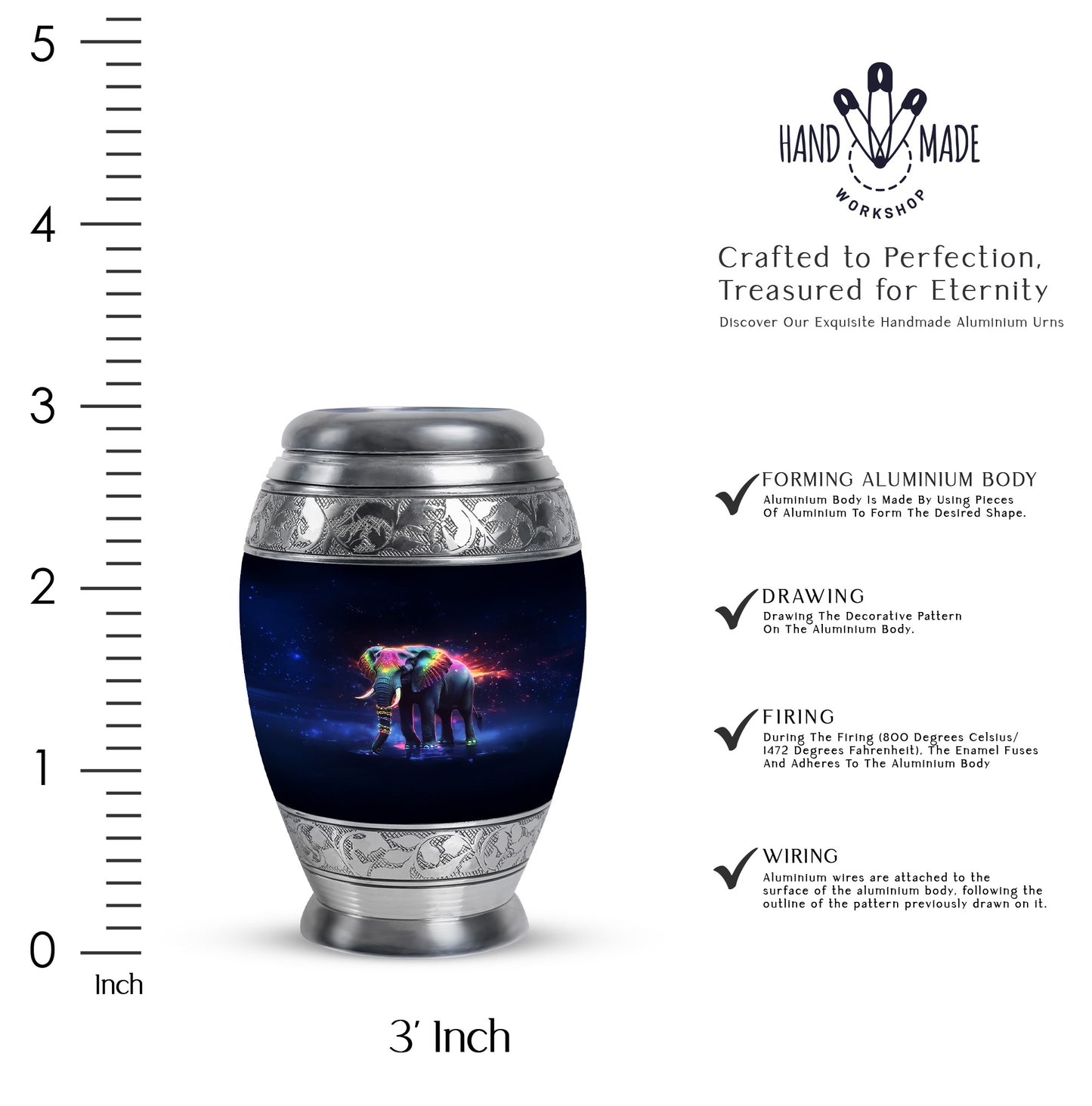 Onyx Black Elephant Cremation Urn lifestyle display on memorial shelf - majestic elephant pattern with filigree border - mini keepsake memorial for portion of cremation ashes