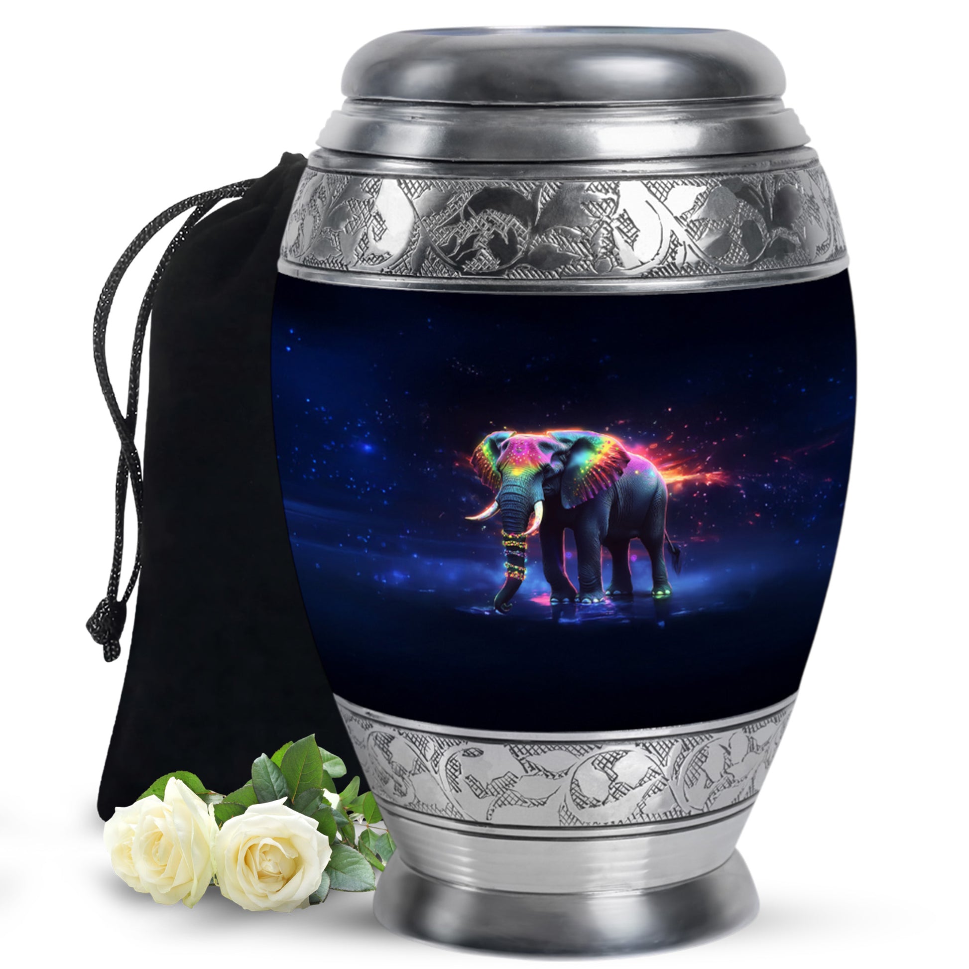 Dark Black Elephant Cremation Urn back view with polished surface - royal elephant engraving with decorative scrollwork - full-size 10 inch 200 cubic inch adult cremation urn