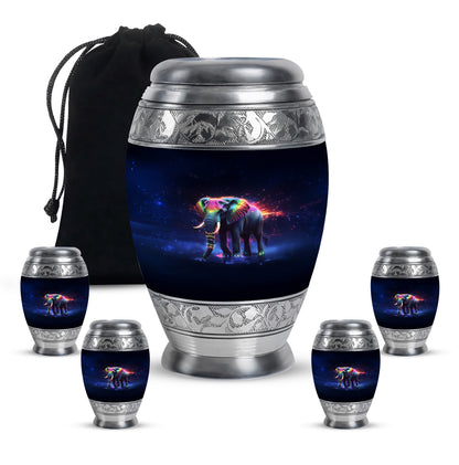 Dark Black Elephant Cremation Urn detail view - royal elephant engraving with decorative scrollwork - memorial set with one large and four small urns