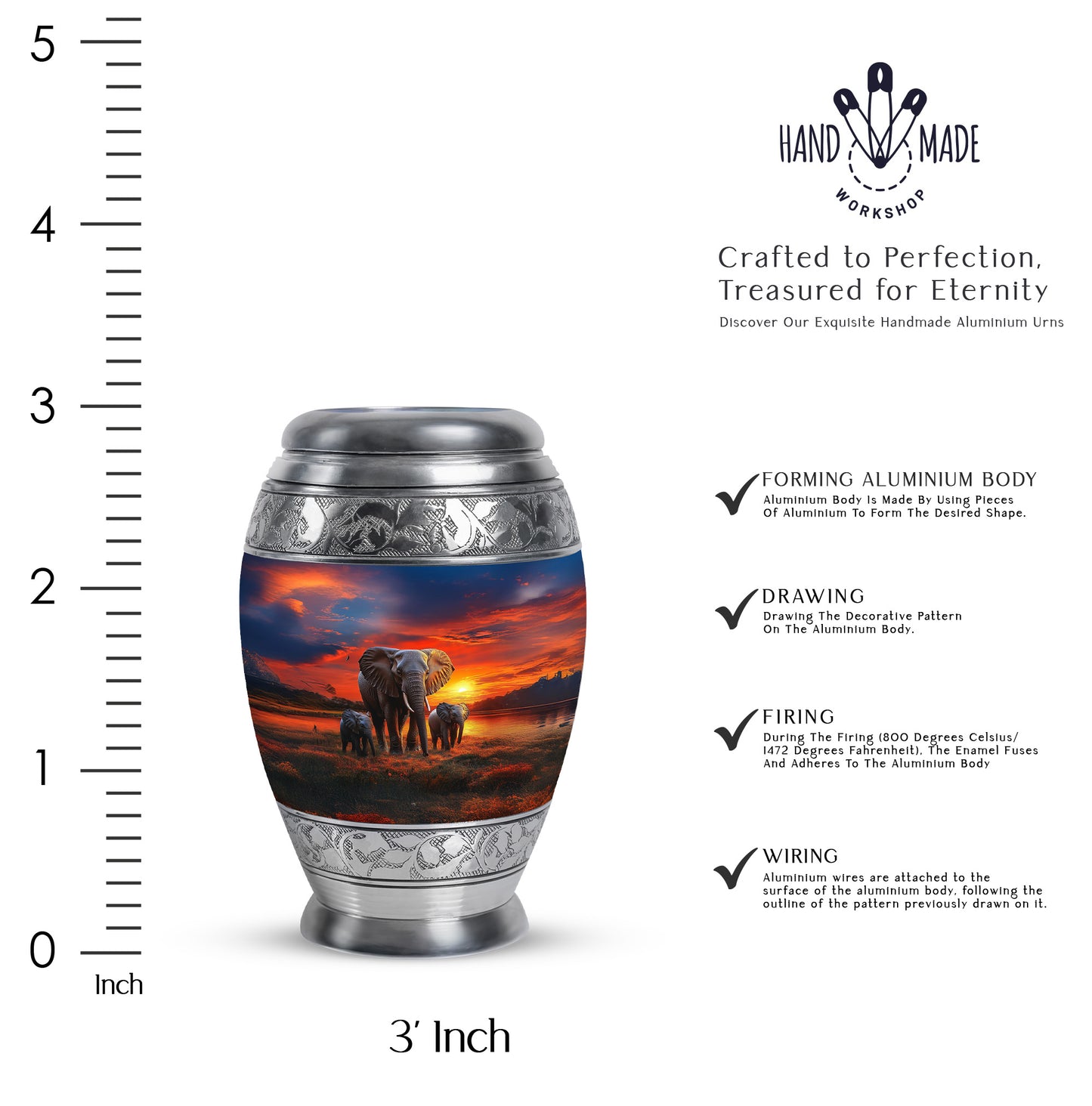 Steel Blue Elephant Cremation Urn lifestyle display on memorial shelf - royal elephant engraving with decorative scrollwork - mini keepsake memorial for portion of cremation ashes