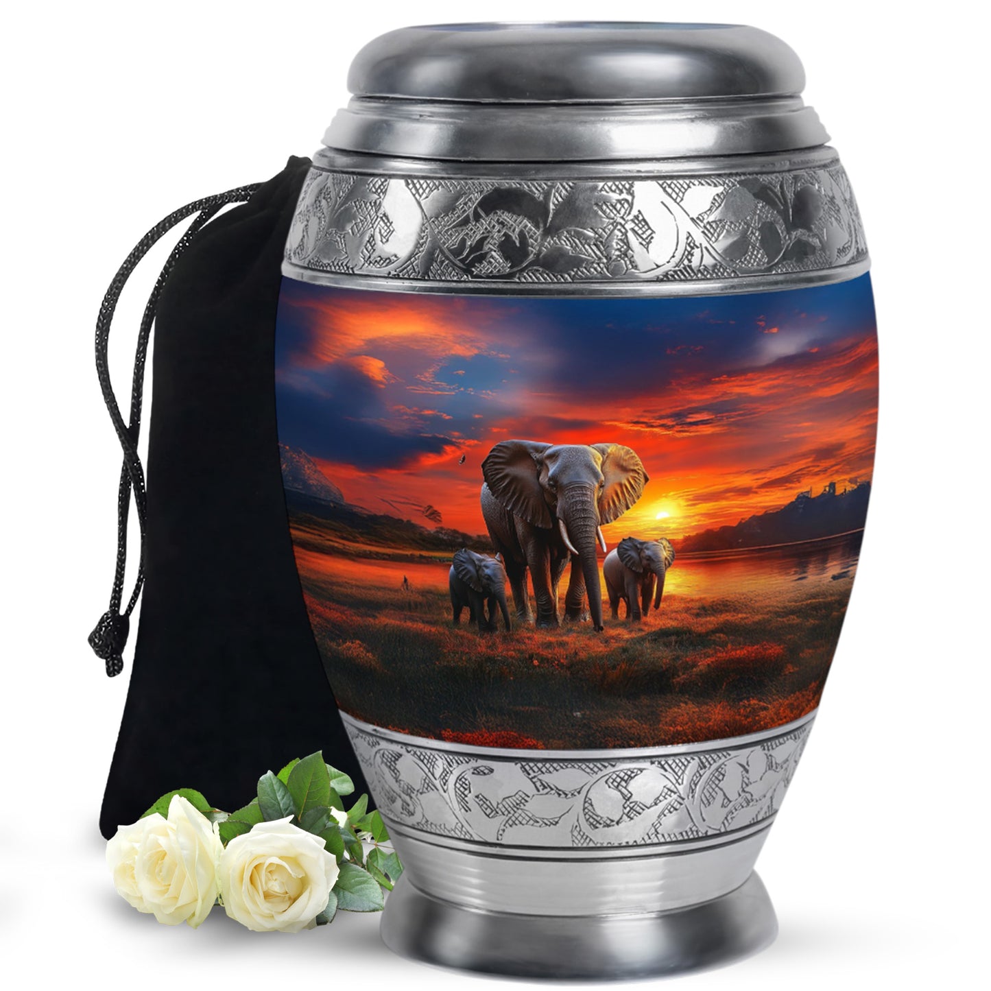 Navy Blue Elephant Cremation Urn back view with polished surface - ornate monarch-style elephant relief on brushed aluminum - full-size 10 inch 200 cubic inch adult cremation urn