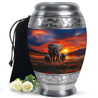 Navy Blue Elephant Cremation Urn back view with polished surface - ornate monarch-style elephant relief on brushed aluminum - full-size 10 inch 200 cubic inch adult cremation urn