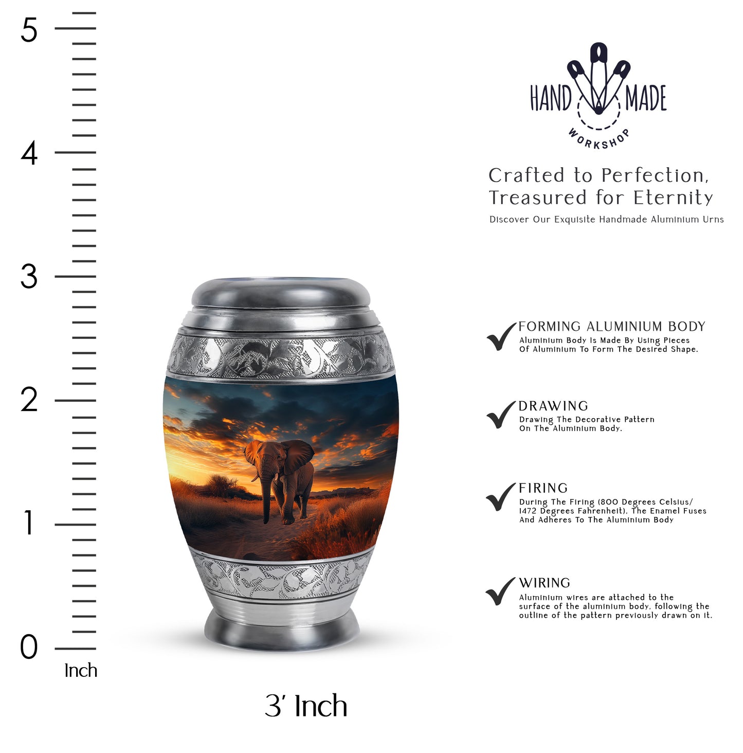 Obsidian Black Elephant Cremation Urn lifestyle display on memorial shelf - majestic elephant pattern with filigree border - mini keepsake memorial for portion of cremation ashes
