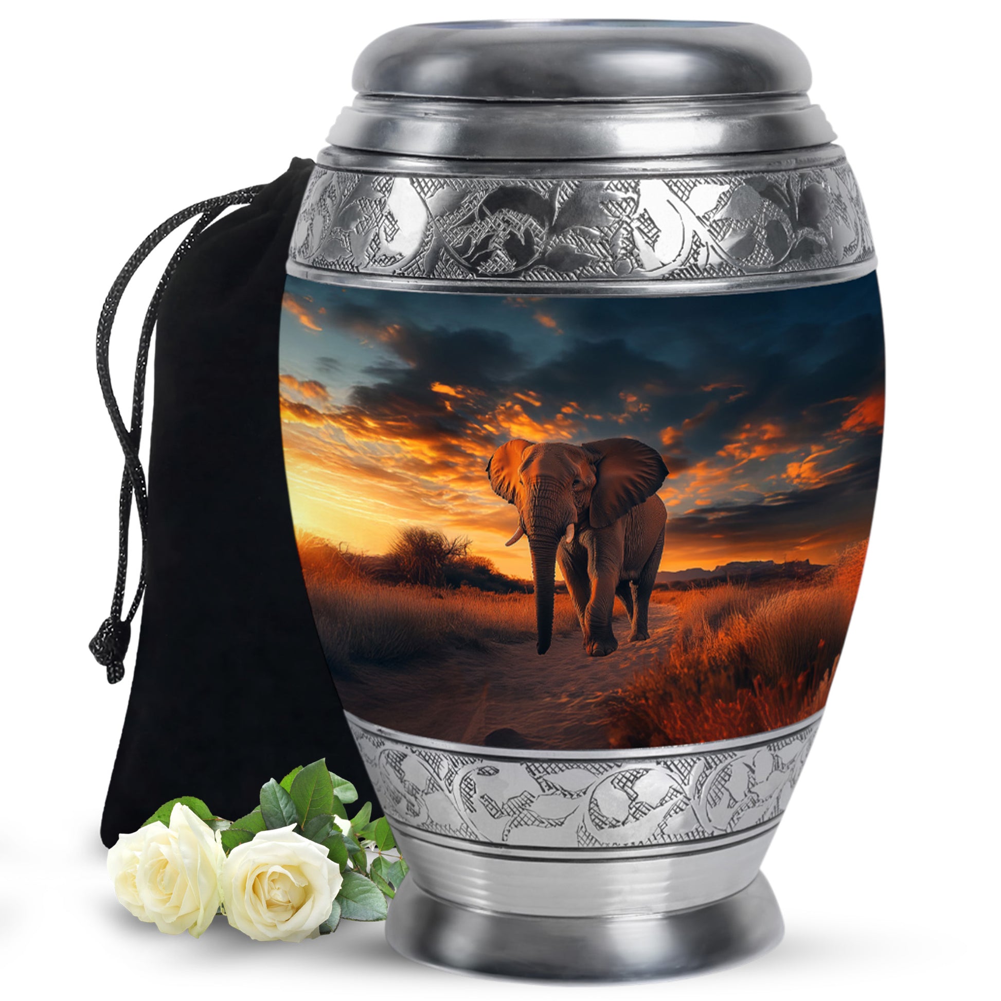 Midnight Black Elephant Cremation Urn back view with polished surface - majestic elephant pattern with filigree border - full-size 10 inch 200 cubic inch adult cremation urn