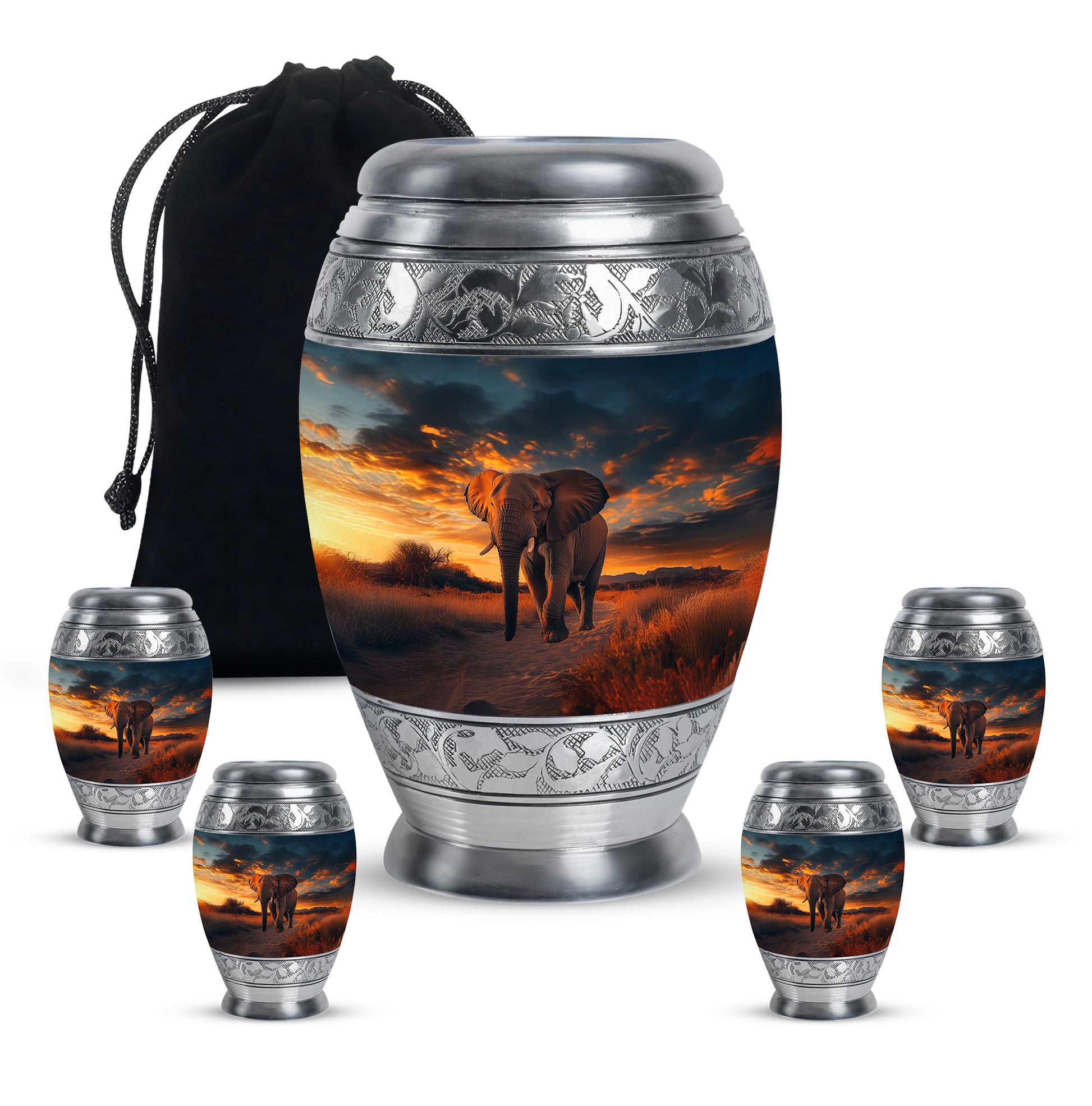Glossy Black Elephant Cremation Urn detail view - ornate monarch-style elephant relief on brushed aluminum - memorial set with one large and four small urns