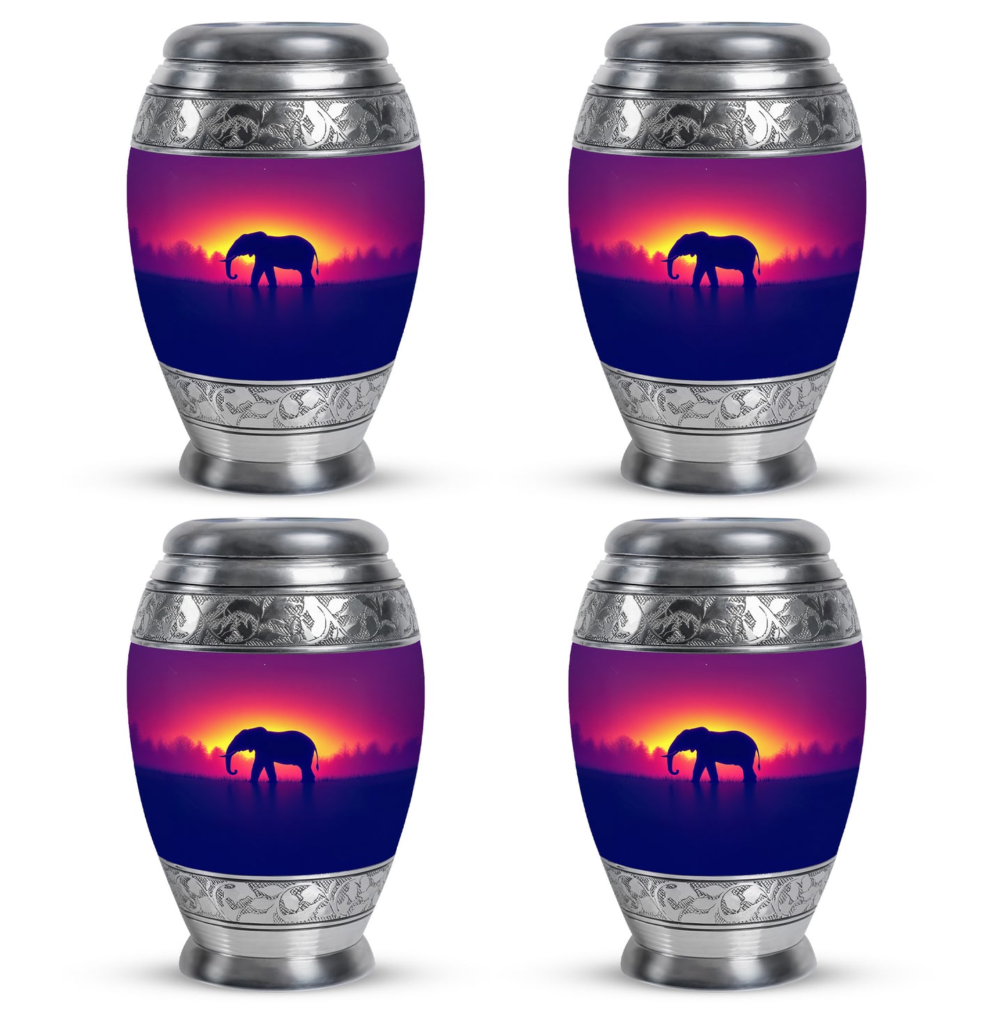 Petal Pink Elephant Cremation Urn urn with complimentary velvet bag - majestic elephant pattern with filigree border - 10 inch aluminum urn for cremated remains