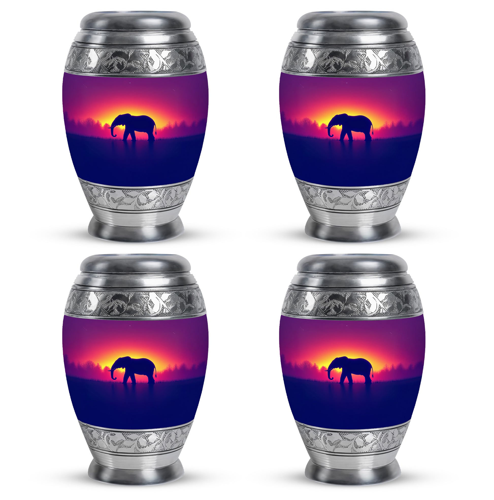 Petal Pink Elephant Cremation Urn urn with complimentary velvet bag - majestic elephant pattern with filigree border - 10 inch aluminum urn for cremated remains