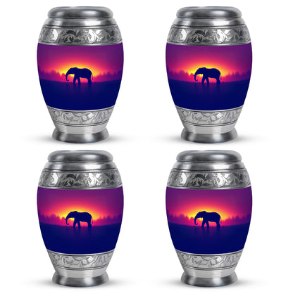 Petal Pink Elephant Cremation Urn urn with complimentary velvet bag - majestic elephant pattern with filigree border - 10 inch aluminum urn for cremated remains