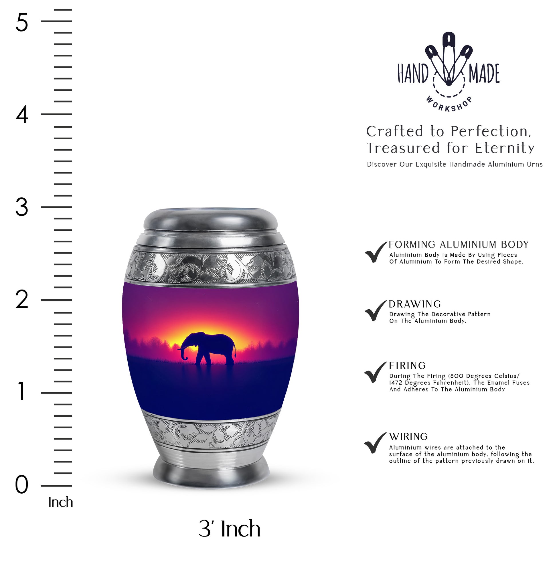 Peony Pink Elephant Cremation Urn lifestyle display on memorial shelf - ornate monarch-style elephant relief on brushed aluminum - mini keepsake memorial for portion of cremation ashes