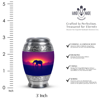 Peony Pink Elephant Cremation Urn lifestyle display on memorial shelf - ornate monarch-style elephant relief on brushed aluminum - mini keepsake memorial for portion of cremation ashes