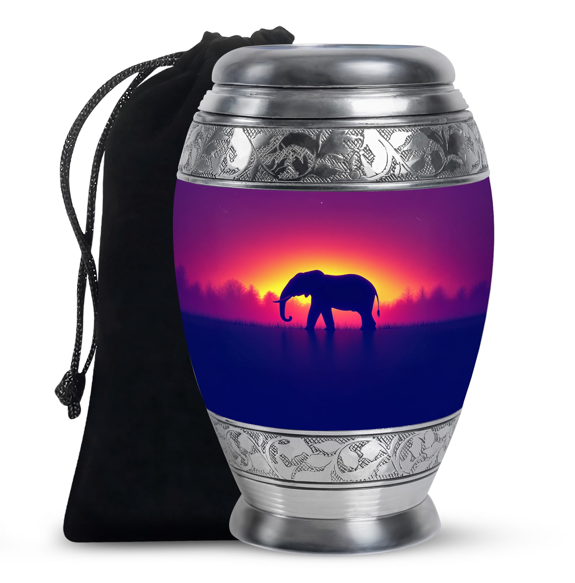 Peony Pink Elephant Cremation Urn back view with polished surface - ornate monarch-style elephant relief on brushed aluminum - full-size 10 inch 200 cubic inch adult cremation urn