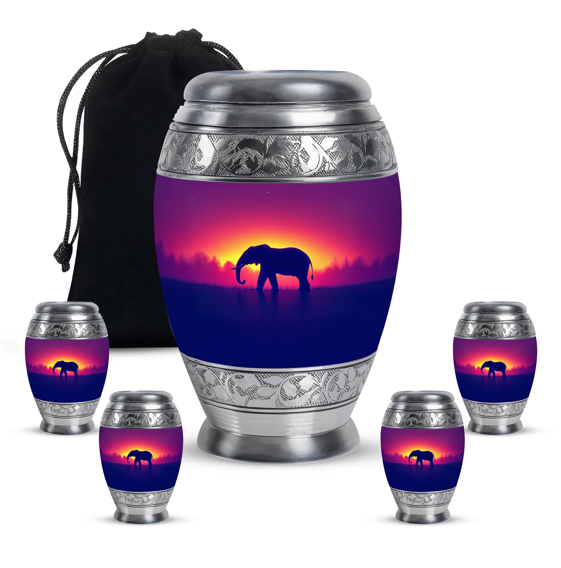 Petal Pink Elephant Cremation Urn detail view - majestic elephant pattern with filigree border - memorial set with one large and four small urns