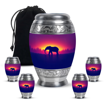 Petal Pink Elephant Cremation Urn detail view - majestic elephant pattern with filigree border - memorial set with one large and four small urns