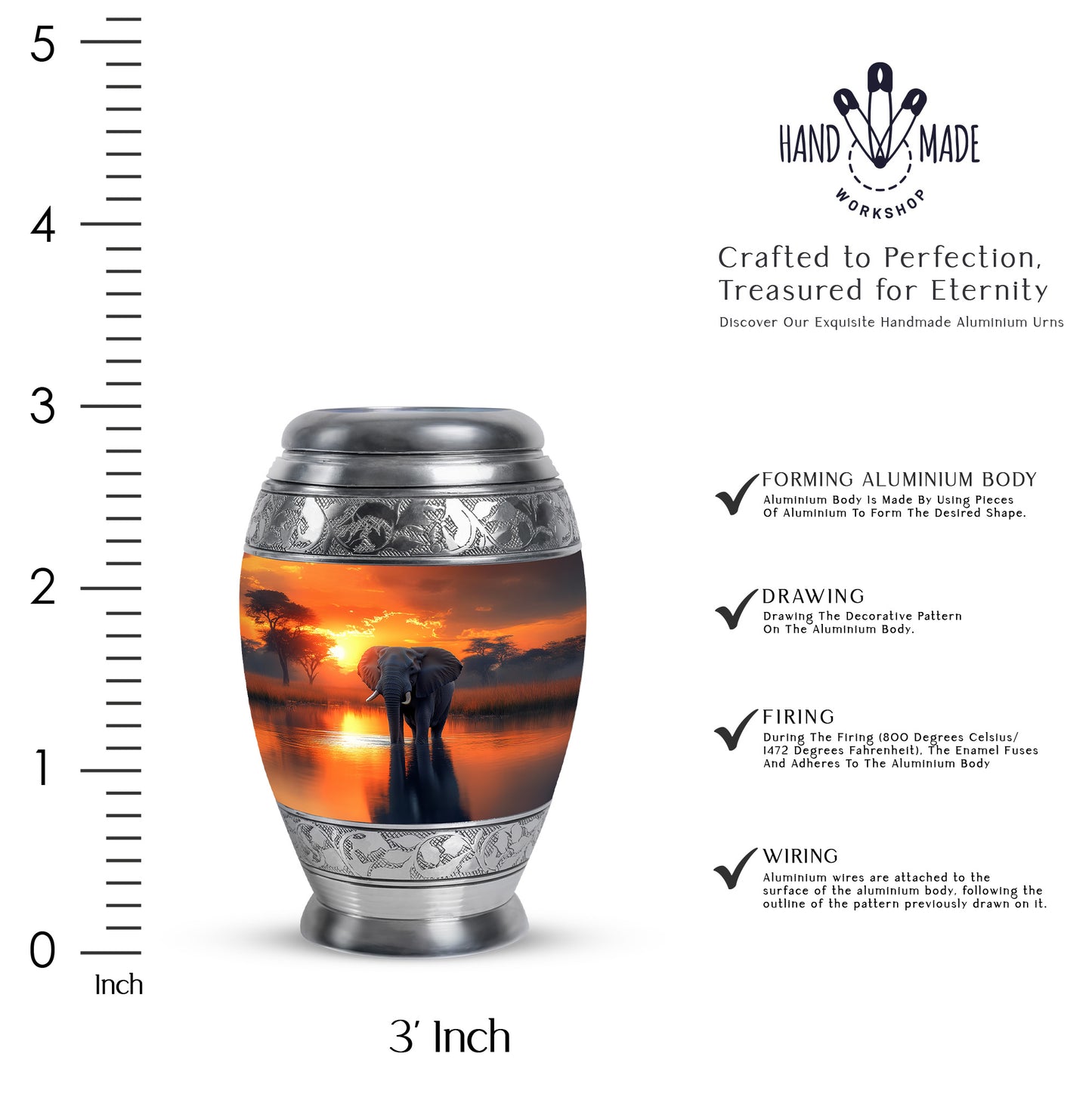 Sunrise Gold Elephant Cremation Urn lifestyle display on memorial shelf - ornate monarch-style elephant relief on brushed aluminum - mini keepsake memorial for portion of cremation ashes