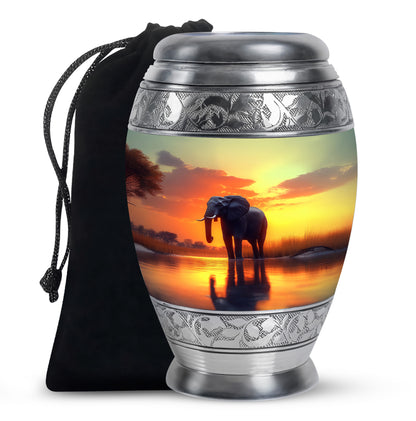 Matte Gold Elephant Cremation Urn back view with polished surface - royal elephant engraving with decorative scrollwork - full-size 10 inch 200 cubic inch adult cremation urn