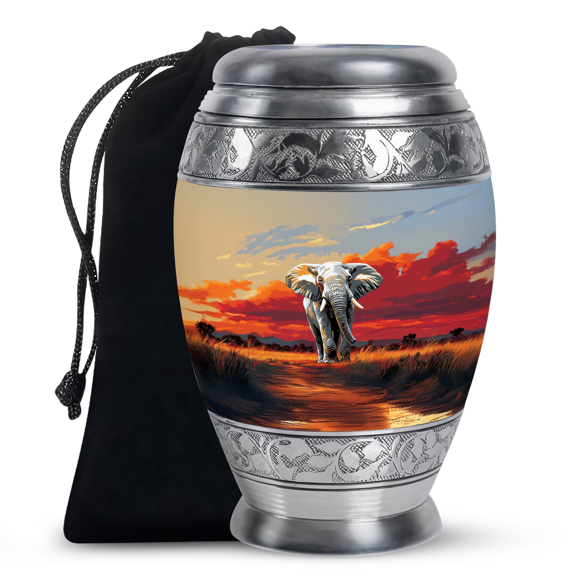 Pewter Gray Elephant Cremation Urn back view with polished surface - ornate monarch-style elephant relief on brushed aluminum - full-size 10 inch 200 cubic inch adult cremation urn