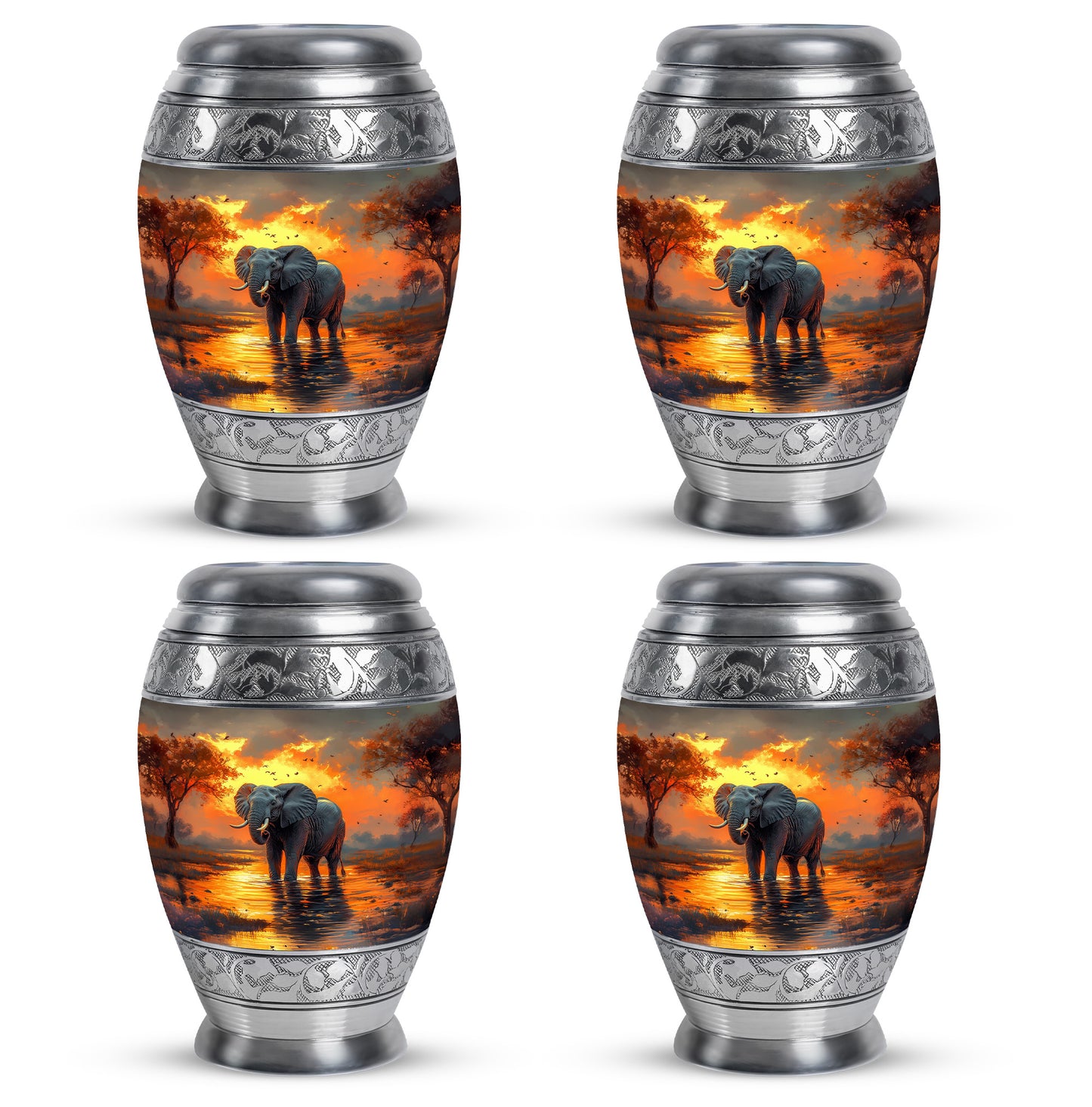 Burnished Gold Elephant Cremation Urn urn with complimentary velvet bag - majestic elephant pattern with filigree border - 10 inch aluminum urn for cremated remains