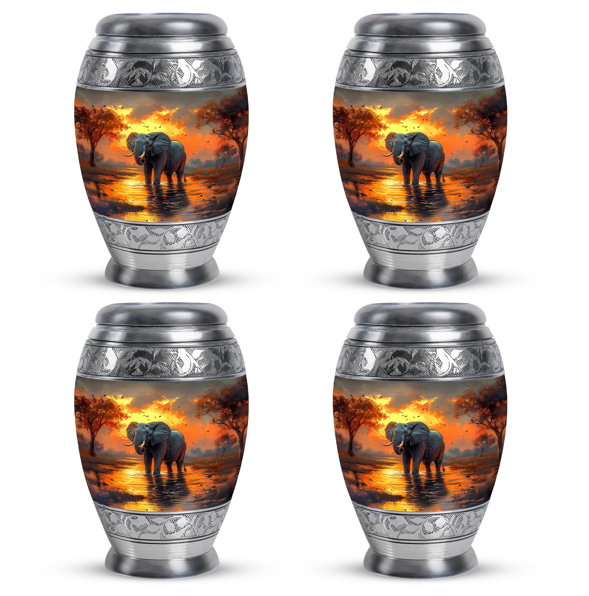 Burnished Gold Elephant Cremation Urn urn with complimentary velvet bag - majestic elephant pattern with filigree border - 10 inch aluminum urn for cremated remains