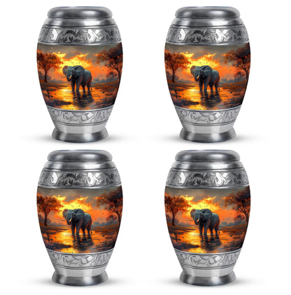 Burnished Gold Elephant Cremation Urn urn with complimentary velvet bag - majestic elephant pattern with filigree border - 10 inch aluminum urn for cremated remains