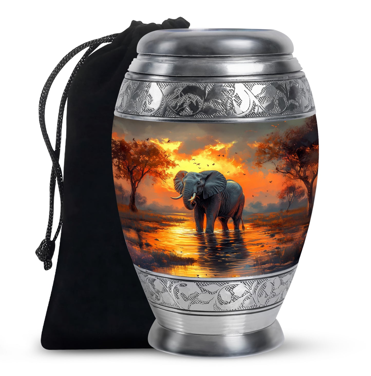 Sunrise Gold Elephant Cremation Urn back view with polished surface - regal elephant design with crown-inspired accents - full-size 10 inch 200 cubic inch adult cremation urn