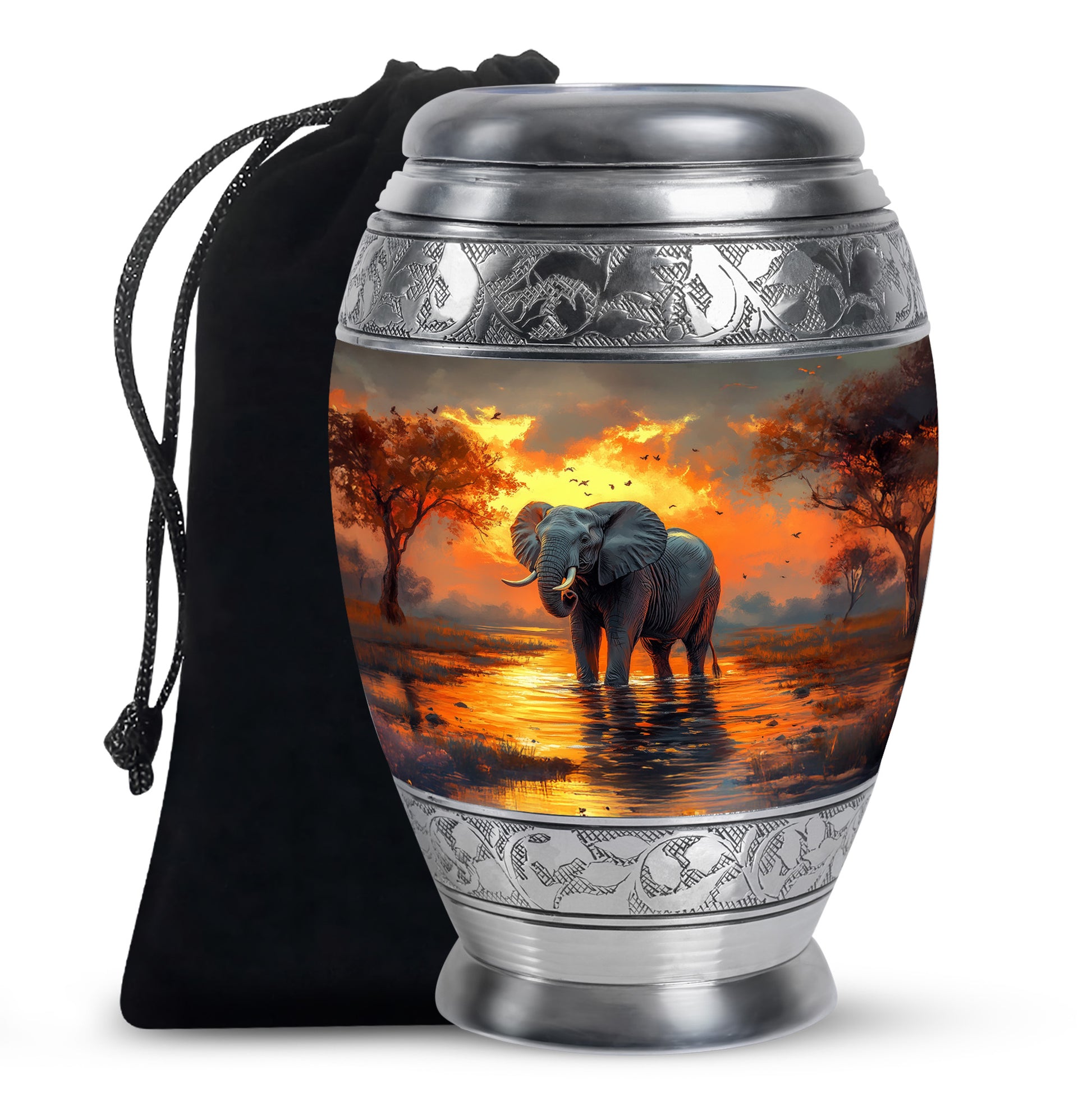Sunrise Gold Elephant Cremation Urn back view with polished surface - regal elephant design with crown-inspired accents - full-size 10 inch 200 cubic inch adult cremation urn