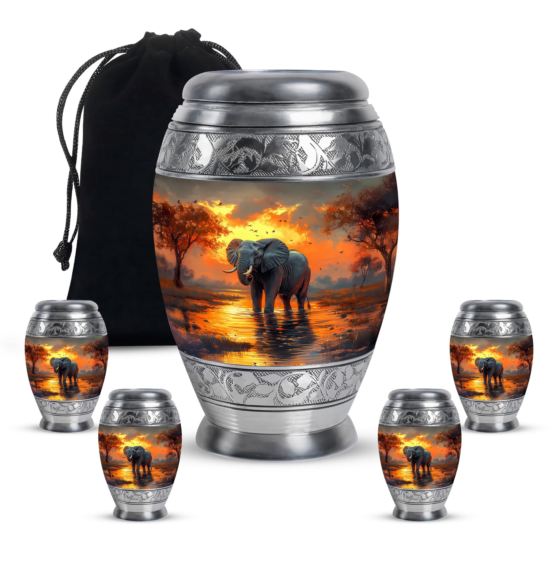 Harvest Gold Elephant Cremation Urn detail view - majestic elephant pattern with filigree border - memorial set with one large and four small urns