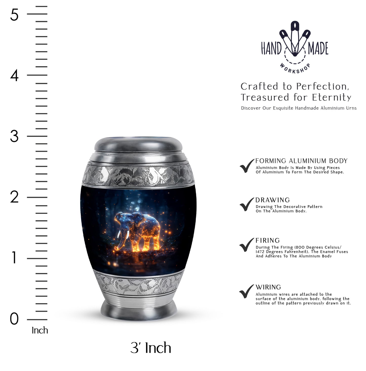 Icy Blue Elephant Cremation Urn lifestyle display on memorial shelf - ornate monarch-style elephant relief on brushed aluminum - mini keepsake memorial for portion of cremation ashes