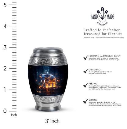 Icy Blue Elephant Cremation Urn lifestyle display on memorial shelf - ornate monarch-style elephant relief on brushed aluminum - mini keepsake memorial for portion of cremation ashes