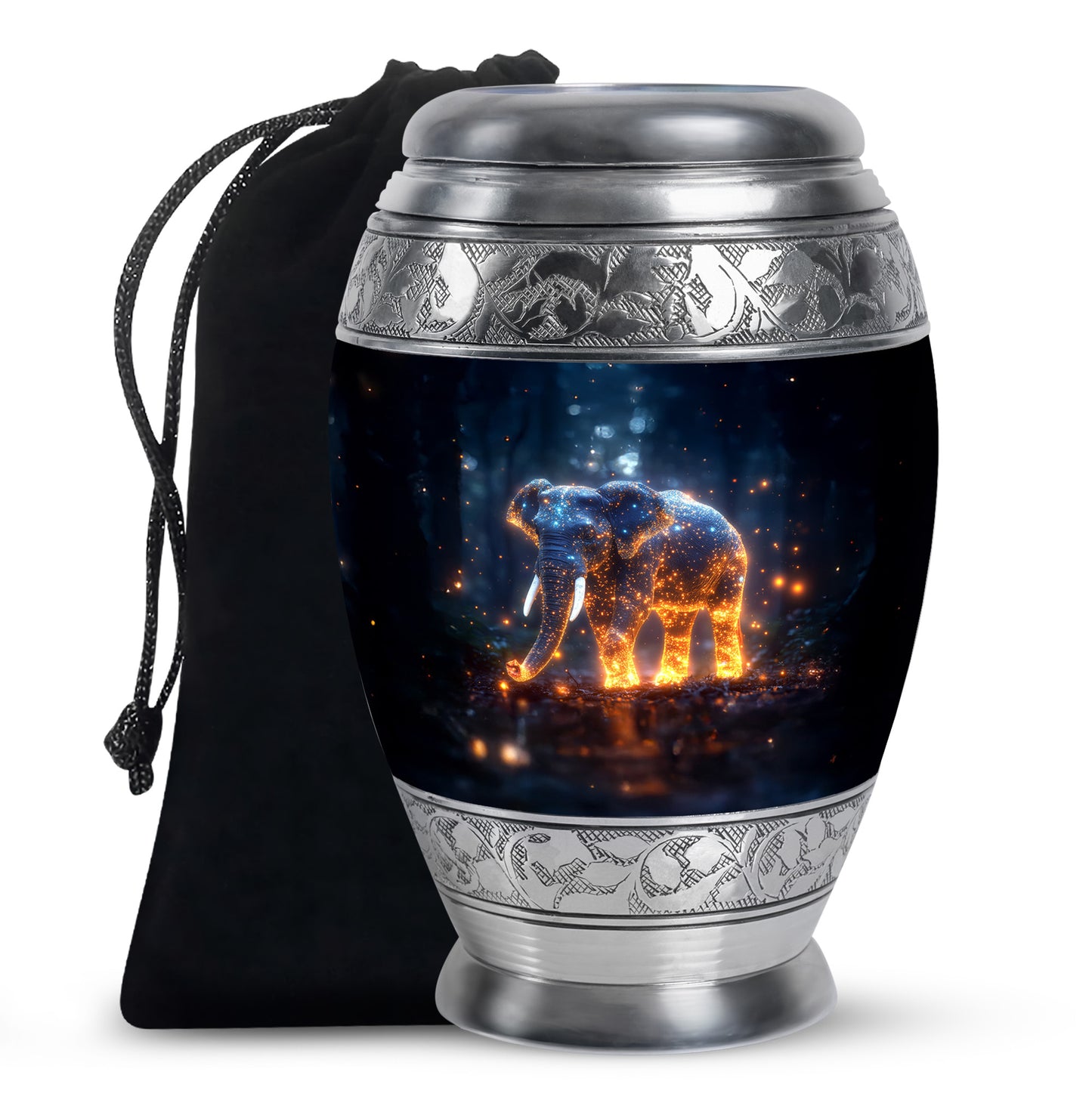 Vivid Blue Elephant Cremation Urn back view with polished surface - royal elephant engraving with decorative scrollwork - full-size 10 inch 200 cubic inch adult cremation urn