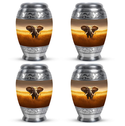 Burnished Gold Elephant Cremation Urn urn with complimentary velvet bag - majestic elephant pattern with filigree border - 10 inch aluminum urn for cremated remains
