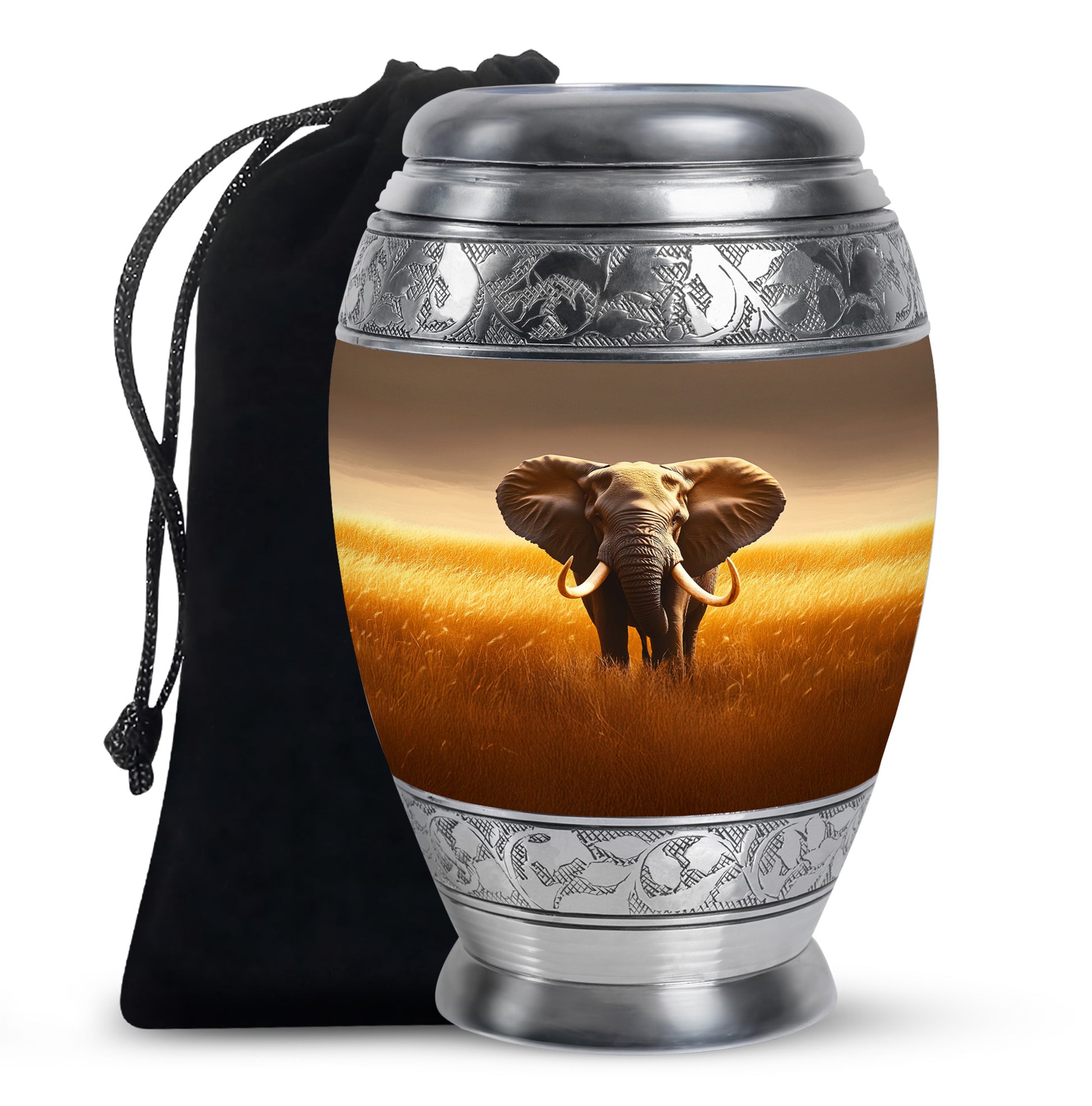 Sunrise Gold Elephant Cremation Urn back view with polished surface - regal elephant design with crown-inspired accents - full-size 10 inch 200 cubic inch adult cremation urn