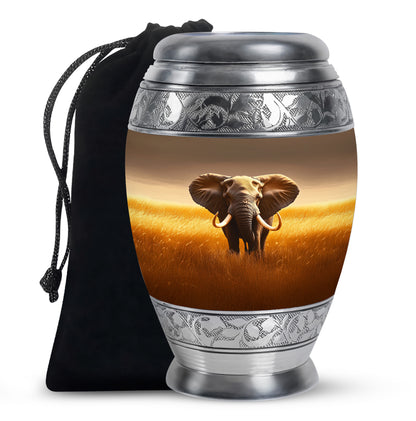 Sunrise Gold Elephant Cremation Urn back view with polished surface - regal elephant design with crown-inspired accents - full-size 10 inch 200 cubic inch adult cremation urn