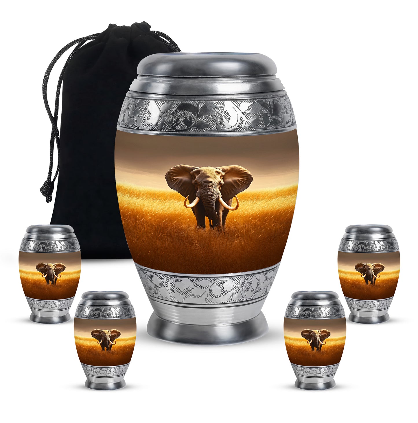 Sunrise Gold Elephant Cremation Urn detail view - regal elephant design with crown-inspired accents - memorial set with one large and four small urns