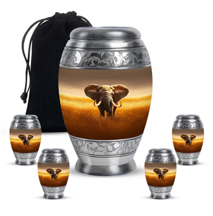 Sunrise Gold Elephant Cremation Urn detail view - regal elephant design with crown-inspired accents - memorial set with one large and four small urns