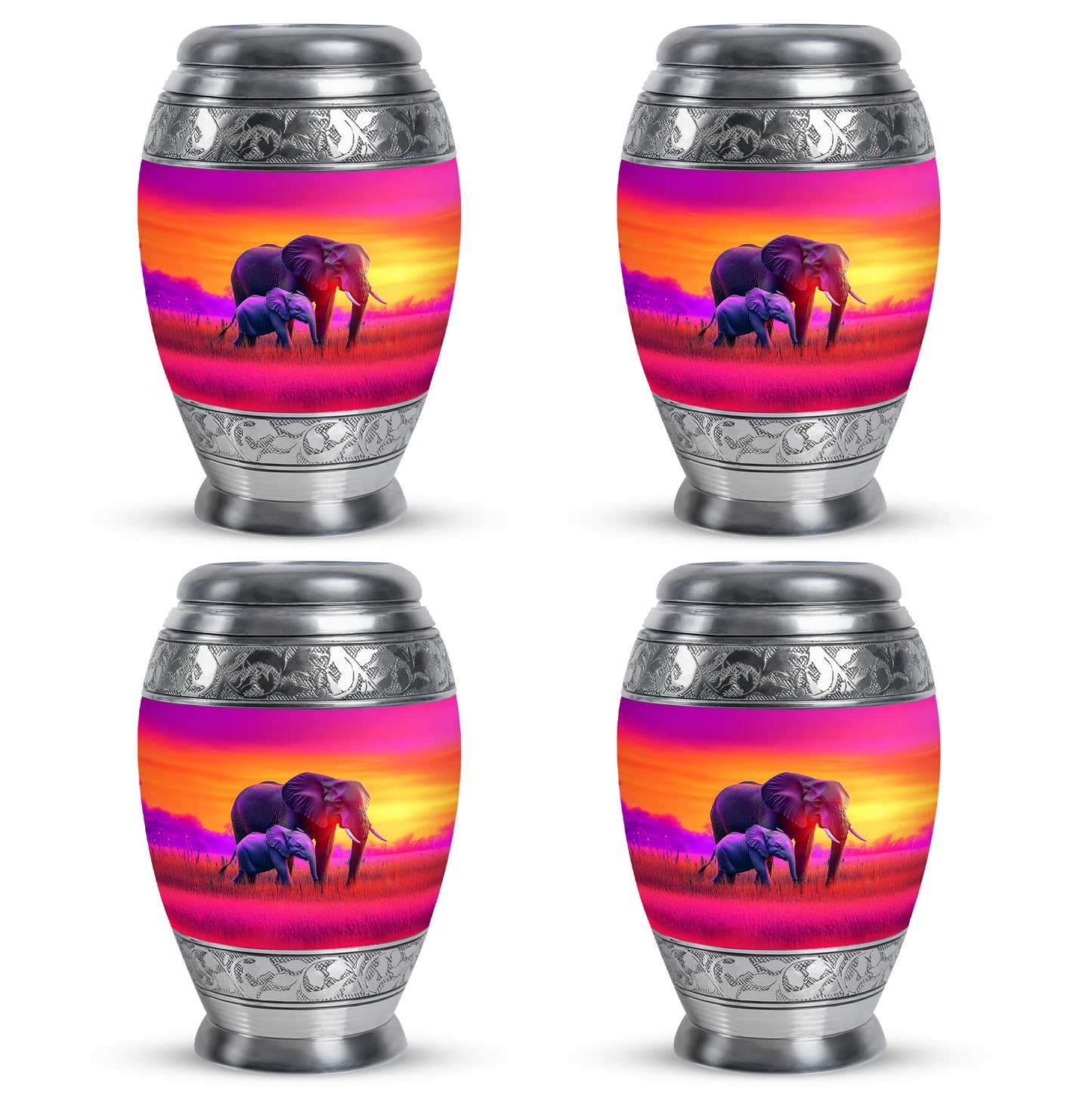 Dusty Pink Elephant Cremation Urn urn with complimentary velvet bag - majestic elephant pattern with filigree border - 10 inch aluminum urn for cremated remains