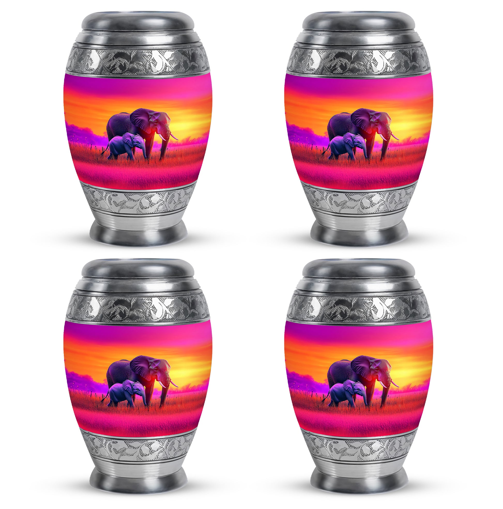 Dusty Pink Elephant Cremation Urn urn with complimentary velvet bag - majestic elephant pattern with filigree border - 10 inch aluminum urn for cremated remains