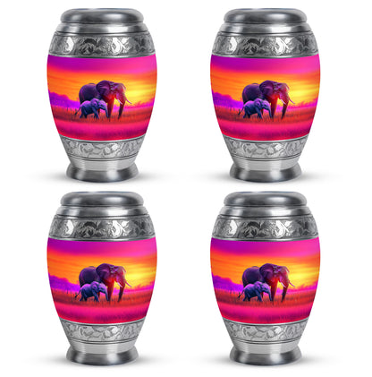 Dusty Pink Elephant Cremation Urn urn with complimentary velvet bag - majestic elephant pattern with filigree border - 10 inch aluminum urn for cremated remains