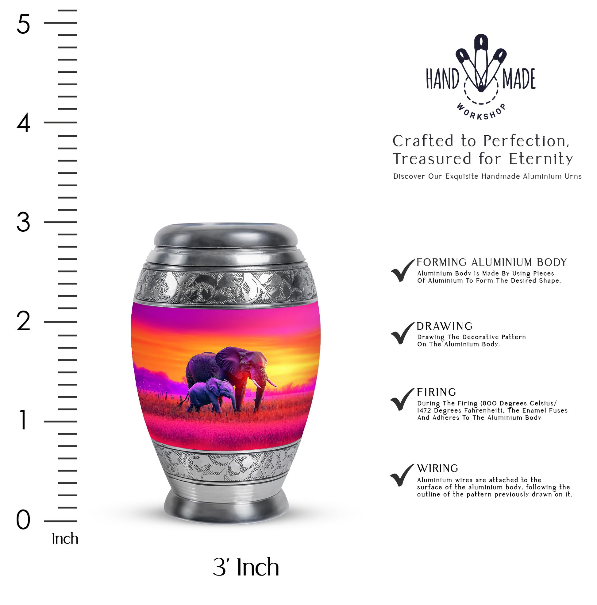 Vintage Pink Elephant Cremation Urn lifestyle display on memorial shelf - majestic elephant pattern with filigree border - mini keepsake memorial for portion of cremation ashes