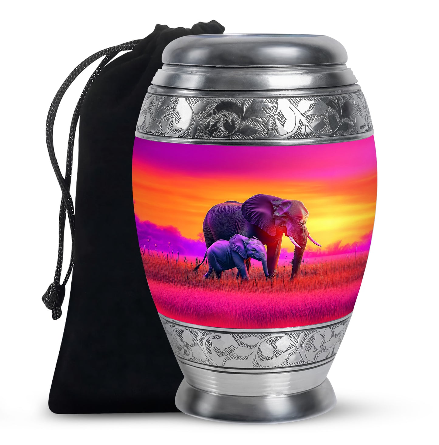 Dusty Pink Elephant Cremation Urn back view with polished surface - royal elephant engraving with decorative scrollwork - full-size 10 inch 200 cubic inch adult cremation urn