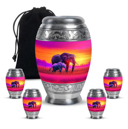 Soft Pink Elephant Cremation Urn detail view - royal elephant engraving with decorative scrollwork - memorial set with one large and four small urns
