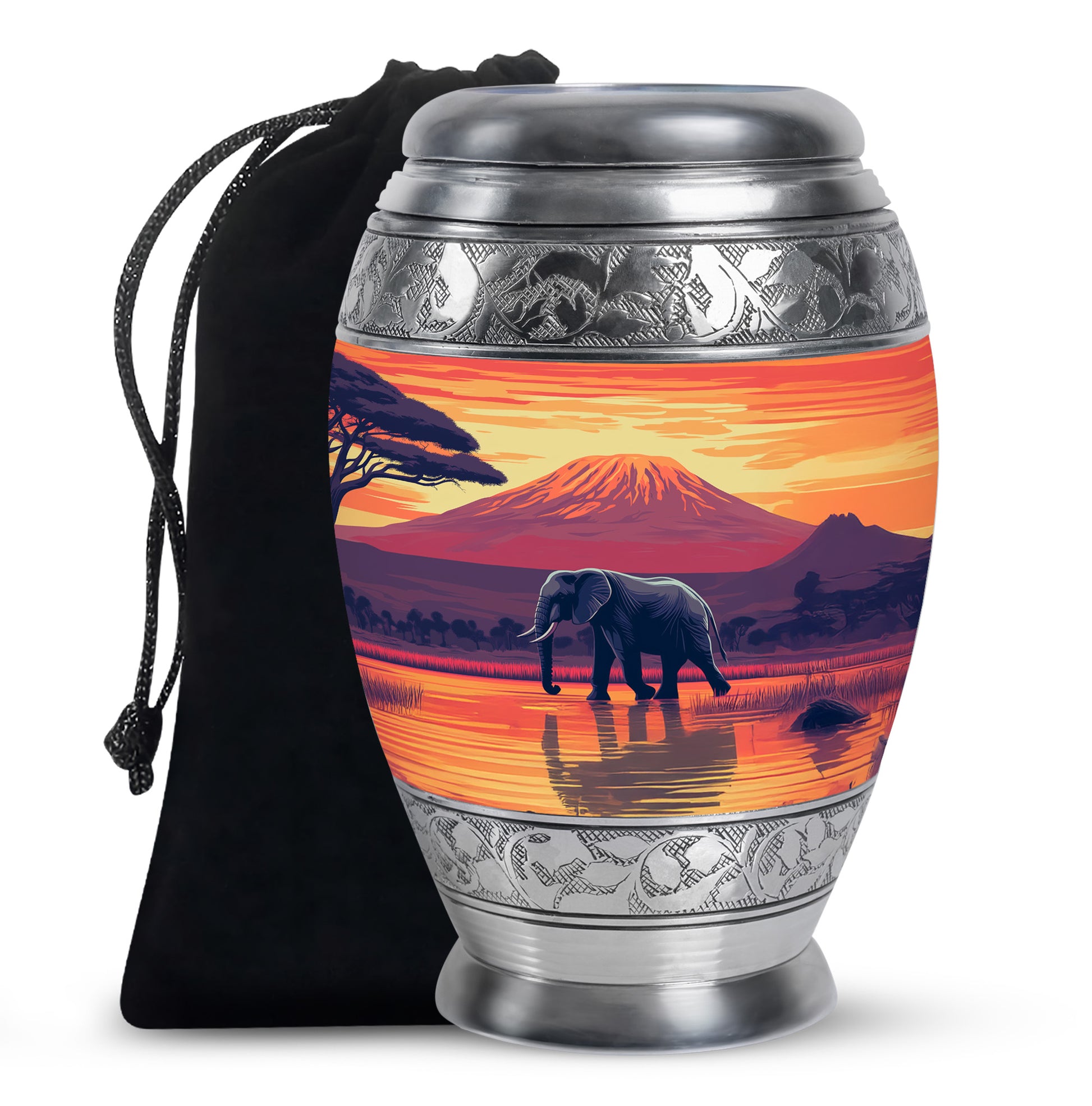 Matte Gold Elephant Cremation Urn back view with polished surface - royal elephant engraving with decorative scrollwork - full-size 10 inch 200 cubic inch adult cremation urn