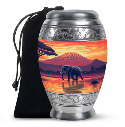 Matte Gold Elephant Cremation Urn back view with polished surface - royal elephant engraving with decorative scrollwork - full-size 10 inch 200 cubic inch adult cremation urn