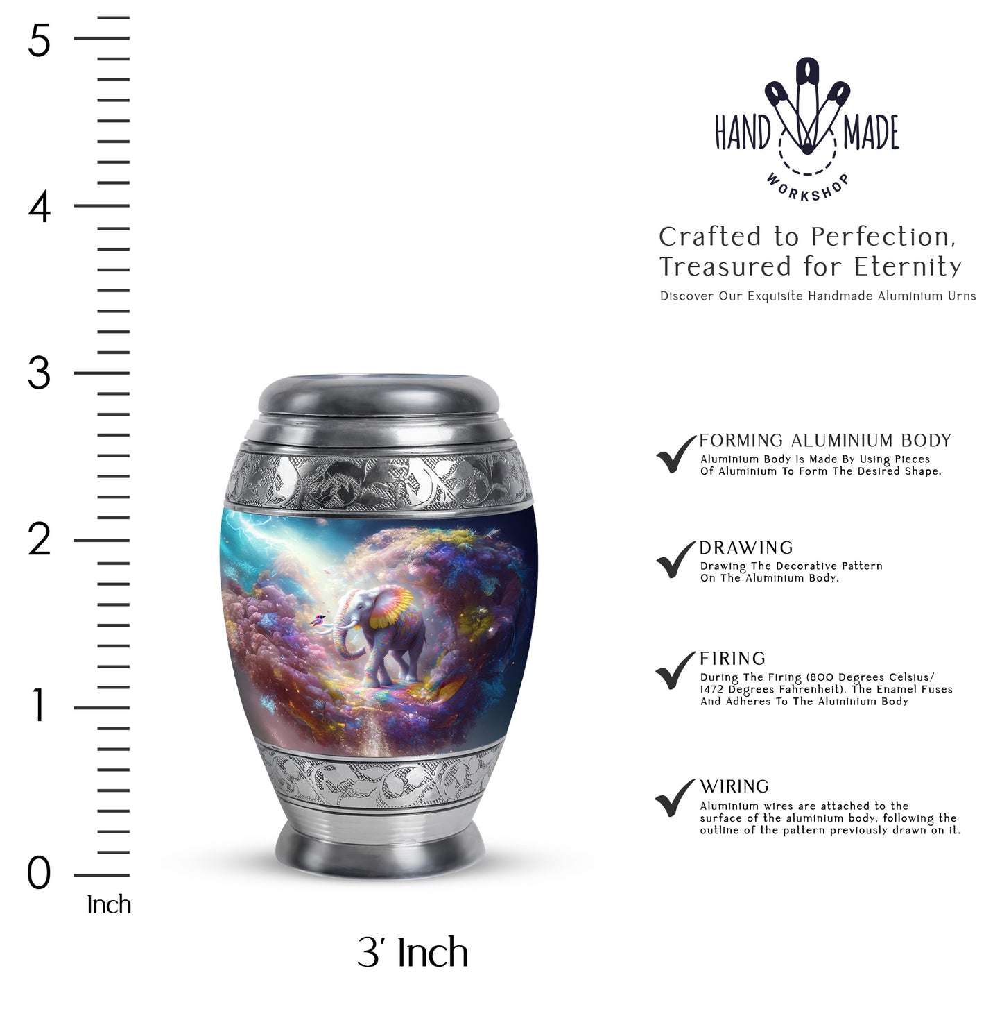Sapphire Blue Elephant Cremation Urn lifestyle display on memorial shelf - royal elephant engraving with decorative scrollwork - mini keepsake memorial for portion of cremation ashes