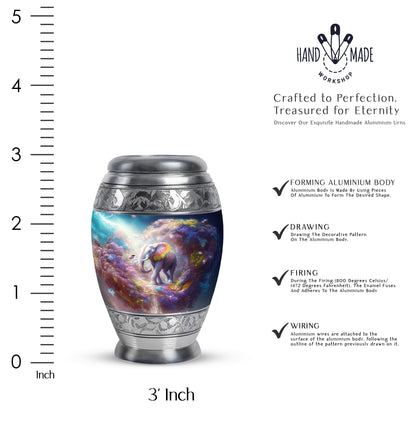 Sapphire Blue Elephant Cremation Urn lifestyle display on memorial shelf - royal elephant engraving with decorative scrollwork - mini keepsake memorial for portion of cremation ashes