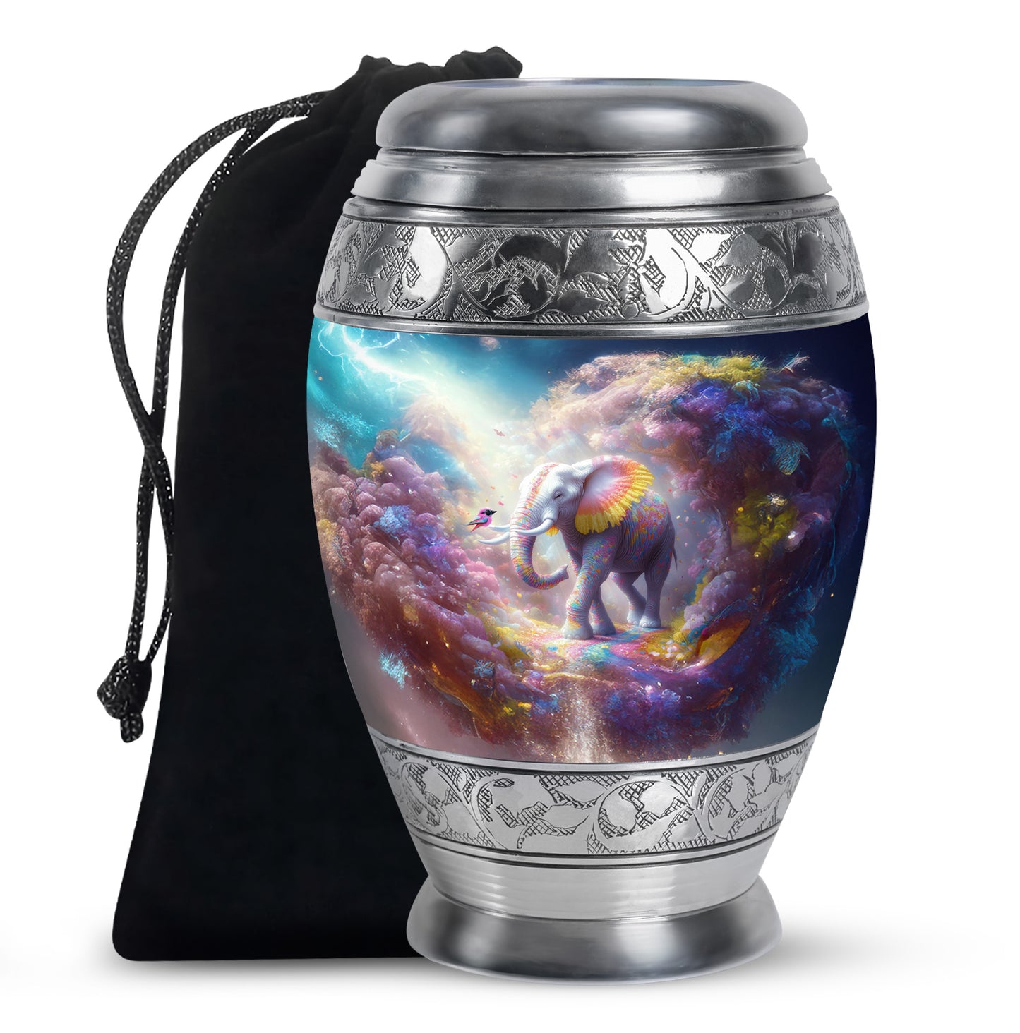 Azure Elephant Cremation Urn back view with polished surface - regal elephant design with crown-inspired accents - full-size 10 inch 200 cubic inch adult cremation urn