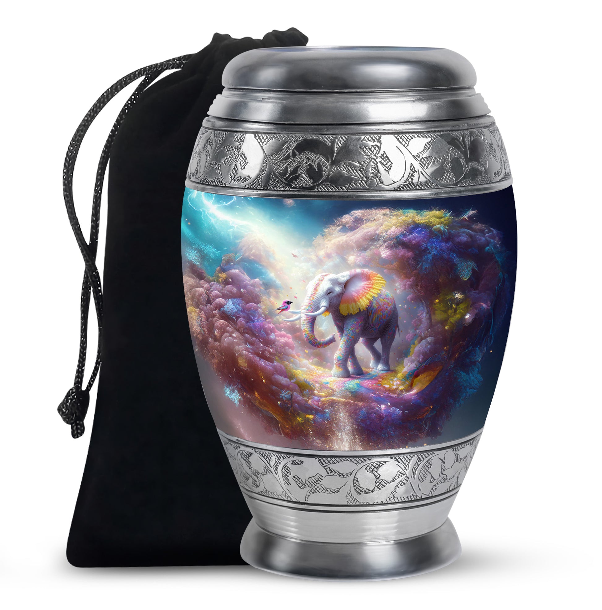Azure Elephant Cremation Urn back view with polished surface - regal elephant design with crown-inspired accents - full-size 10 inch 200 cubic inch adult cremation urn