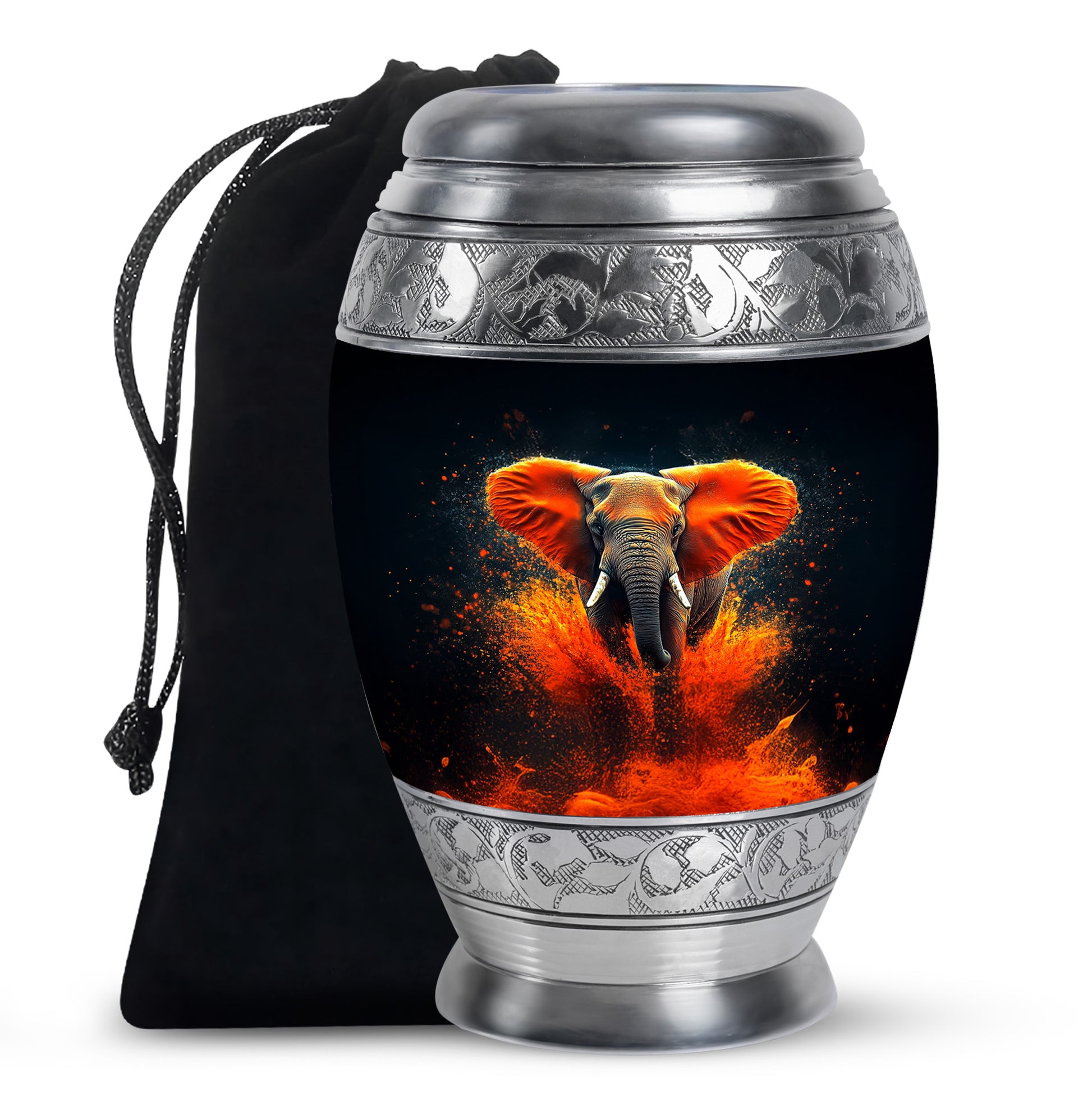 Dark Black Elephant Cremation Urn back view with polished surface - royal elephant engraving with decorative scrollwork - full-size 10 inch 200 cubic inch adult cremation urn