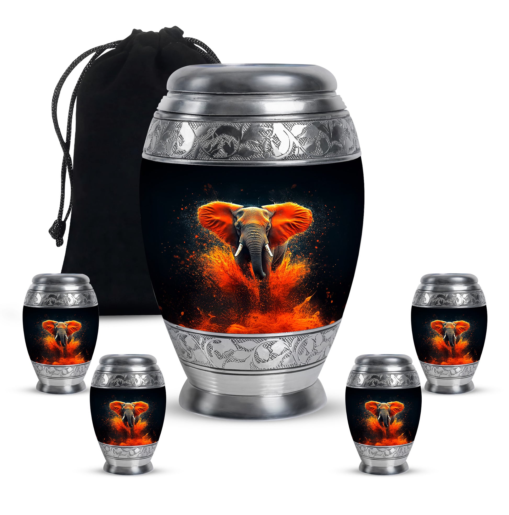 Jet Black Elephant Cremation Urn detail view - ornate monarch-style elephant relief on brushed aluminum - memorial set with one large and four small urns