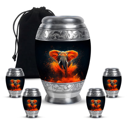 Jet Black Elephant Cremation Urn detail view - ornate monarch-style elephant relief on brushed aluminum - memorial set with one large and four small urns